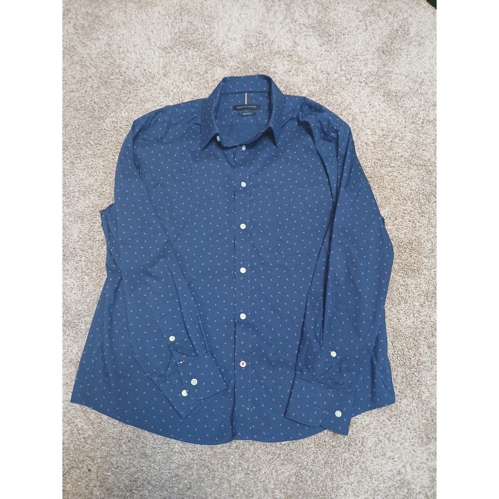 TOMMY HILFIGER Large BLUE Red PATTERN DOT Long SLEEVE BUTTON UP CLASSIC SHIRT